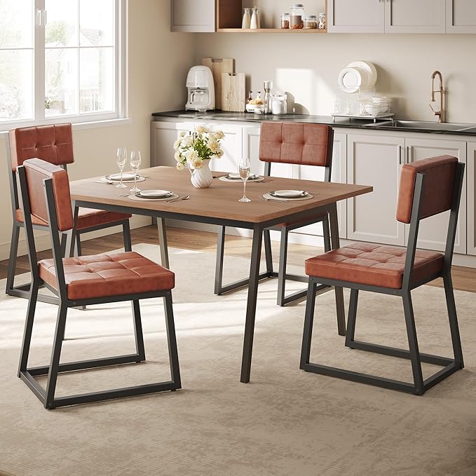 DWVO Modern Dining Chairs Set of 4 Brown Upholstered Kitchen Chairs with Faux Leather Cushion Seat and Heavy Duty Metal Leg for Kitchen Living Room Restaurant, Brown