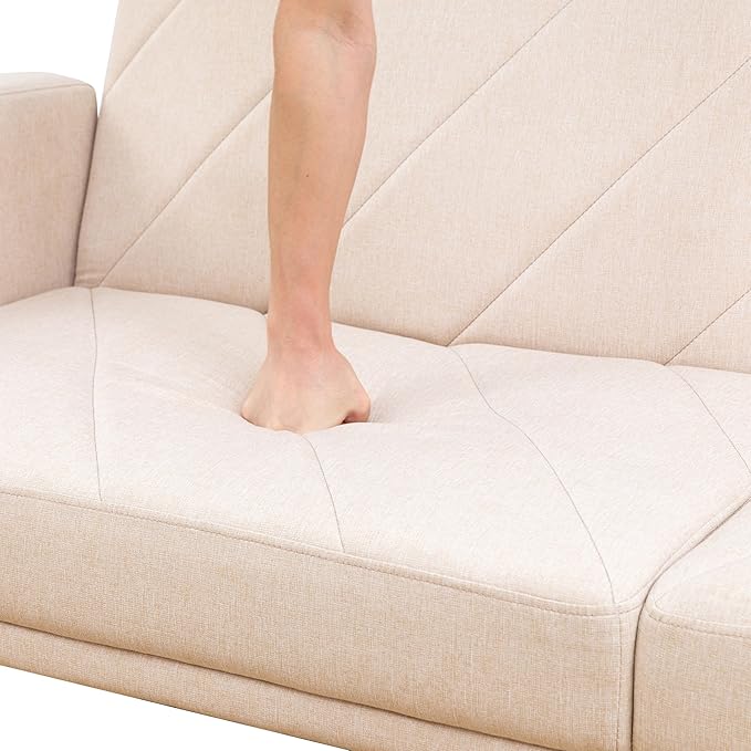 Fold Out Modern Couch Convertible Chair Bed, Sleeper Sofa 2 Seater Loveseat, Small Couch for Living Room, Futon Lounge Comfy Sofa Bed Cama for Small Spaces for Bedroom, Adjustable Angle, Beige