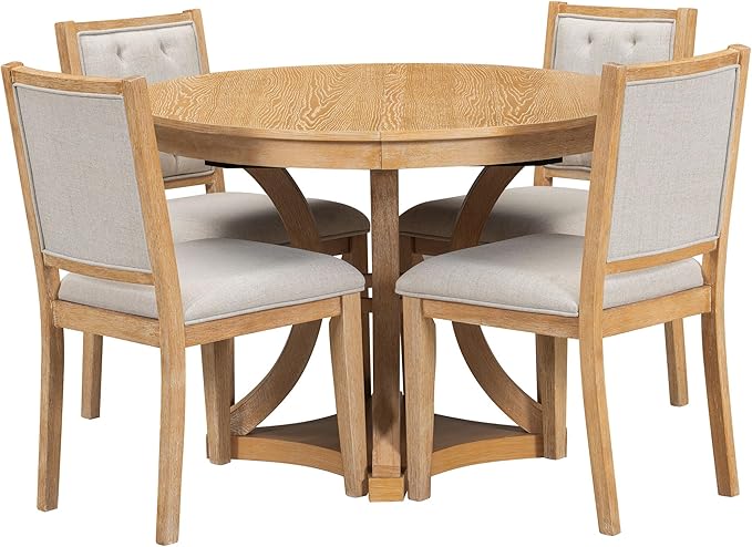 Ball & Cast Retro Dining Table Set for 4 with 4 Upholstered Chairs,5-Piece Wooden Living Room Furniture W/ 42" Round Extendable Kitchen Desk,for Small Space,Apartment,Dining Room,Natural