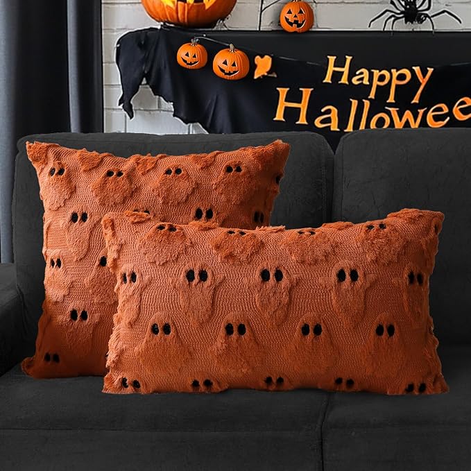 4TH Emotion Halloween Ghost Decorative Lumbar Pillow Covers 12x20 Set of 2, Rust Red Soft Plush Faux Fur Farmhouse Throw Cushion Cases for Fall Autumn Holiday Home Decorations