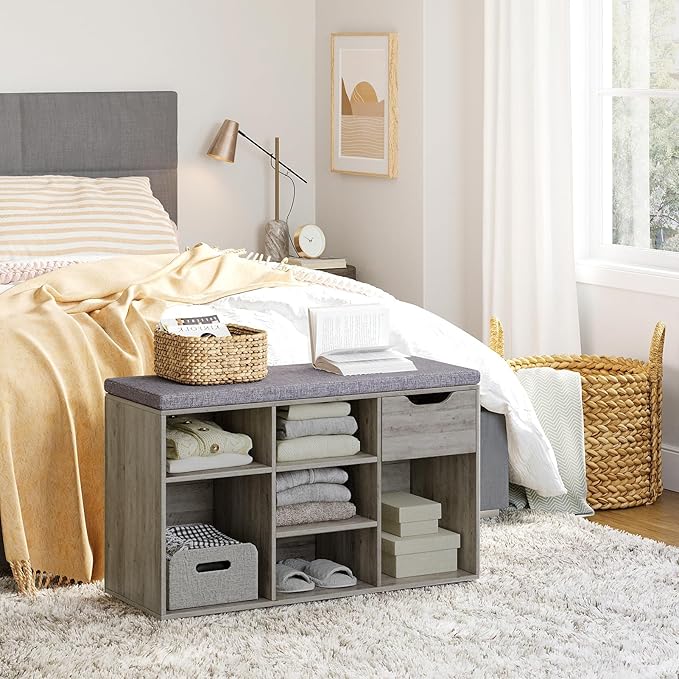 DINZI LVJ Shoe Bench, Entryway Storage Bench with Drawer and 8 Cubbies, Cubby Shoe Rack with Adjustable Shelves, Shoe Organizer Cabinet for Living Room, Bedroom, Mudroom, Closet and Garage, Grey Wash
