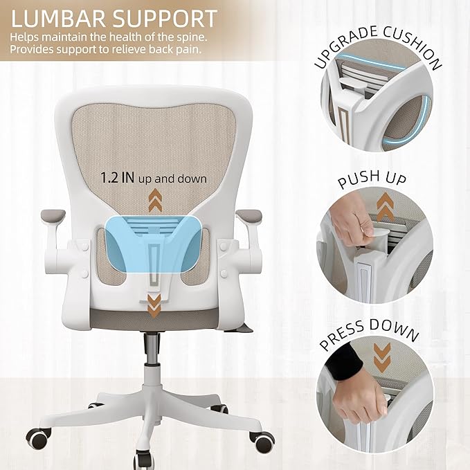 Monhey Office Chair Ergonomic Desk Chair with Lumbar Support&Headrest&Flip-up Arms Height Adjustable Rocking Swivel High Back Computer Chair Warm Taupe Mesh Study Chair (01Khaki)
