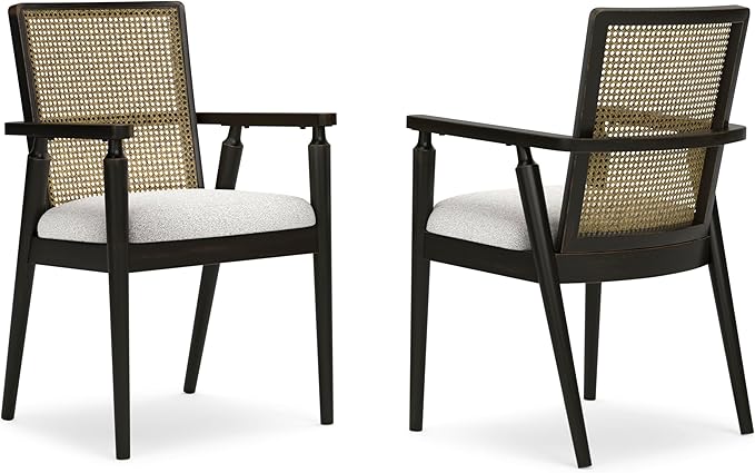Signature Design by Ashley Galliden Rustic Solid Wood Upholstered Dining Arm Chair with Faux Cane Backrest, Set of 2, Light Brown & Black