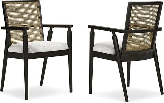 Signature Design by Ashley Galliden Rustic Solid Wood Upholstered Dining Arm Chair with Faux Cane Backrest, Set of 2, Light Brown & Black