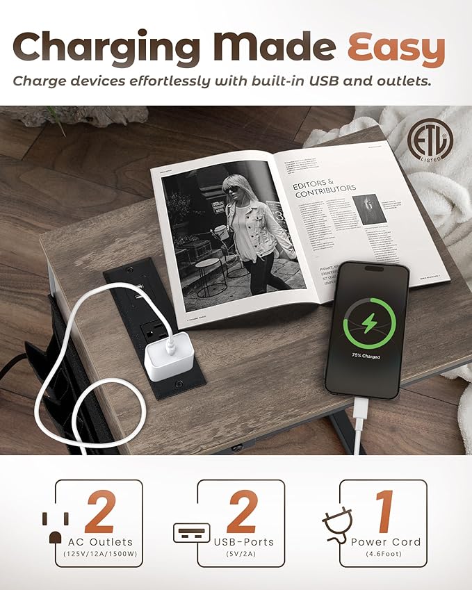 C Shaped End Table with Charging Station, Couch Side Table with Storage Pocket, Slide Under Couch Sofa Table Tray, Greige