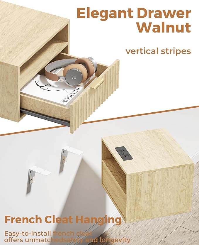 Floating Nightstand Set of 2 - Fluted Night Stand with Charging Station Wood Wall Mounted Nightstand with Drawer & Open Shelf, Modern Bedside Table Large End Table for Bedroom Closet