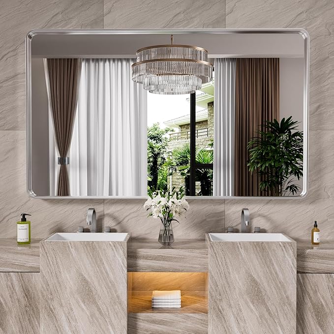 Brushed Nickel Bathroom Mirror 60x28 Inch, Brushed Silver Metal Frame Mirror Wall Mounted, Rounded Rectangle Bathroom Vanity Mirror, Tempered Glass, Anti-Rust, Horizontal/Vertical