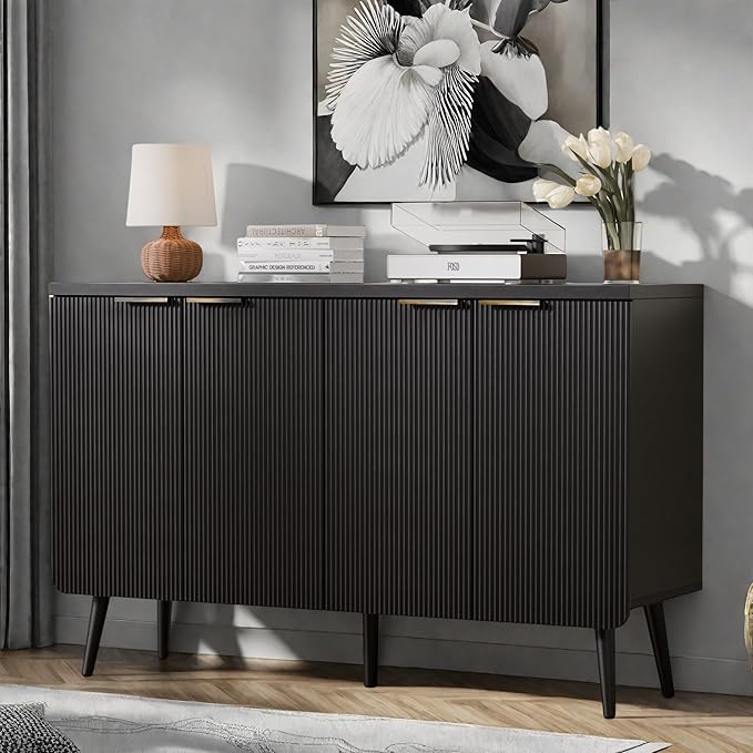 Buffet Cabinet with Storage, Fluted Multifunctional Storage Cabinet with 4 Doors, Modern Sideboard Buffet Credenzas for Living Room, Entryway, Hallway, Black