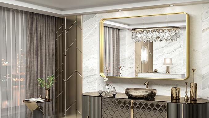 TokeShimi 60 x 40 Inch Brushed Gold Bathroom Vanity Mirror for Wall with Non-Rusting Aluminum Alloy Matte Metal Frame for Modern Farmhouse Home Decor (Horizontal/Vertical)