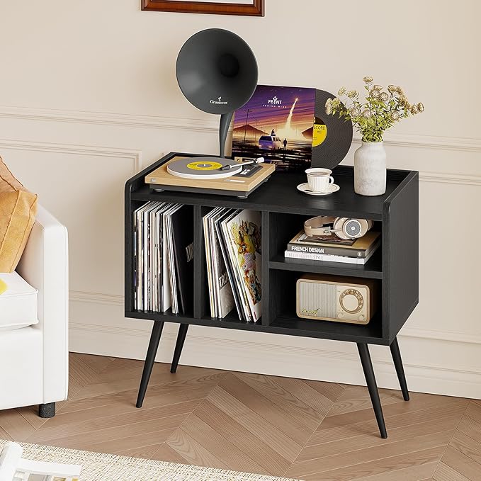 Record Player Stand with Vinyl Storage,Turntable Stand with Solid Wood Legs,Record Player Table Holds Up to 200 Albums,Vinyl Holder Storage Shelf for Bedroom Living Room,Black
