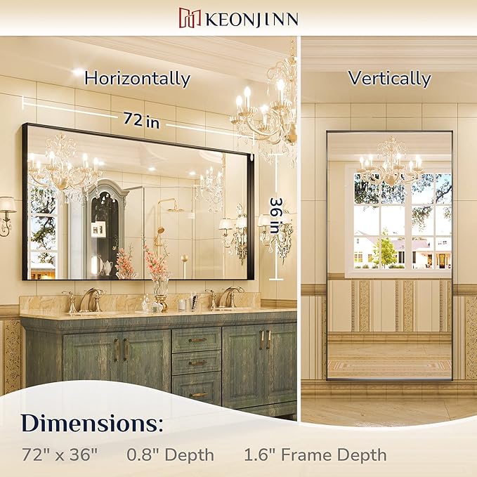 Keonjinn Black Mirror - 72 x 36 Inch, Matte Black Bathroom Mirror with Metal Frame, Suitable for Farmhouse and Modern Decor (Horizontal/Vertical)