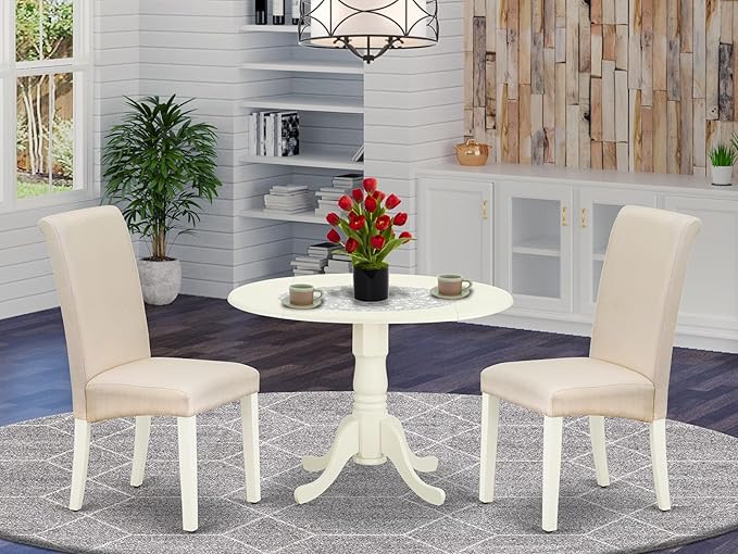 East West Furniture DLBA3-WHI-01 3 Piece Modern Dining Table Set Contains a Round Wooden Table with Dropleaf and 2 Cream Linen Fabric Upholstered Parson Chairs, 42x42 Inch, Linen White