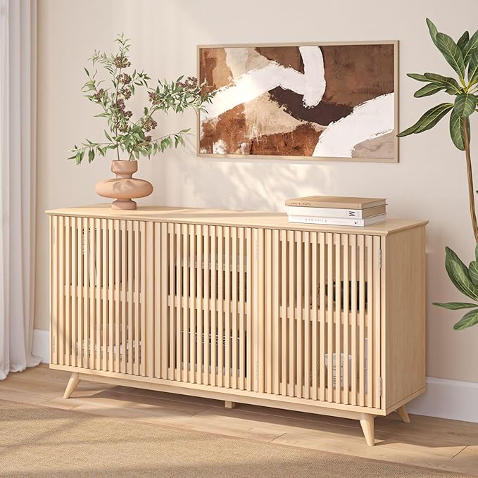 Plank+Beam Mid-Century Modern Wood TV Stand, Three Door Solid Wood Entertainment Console with Storage, 59" L x 16" W x 30" H, Blonde