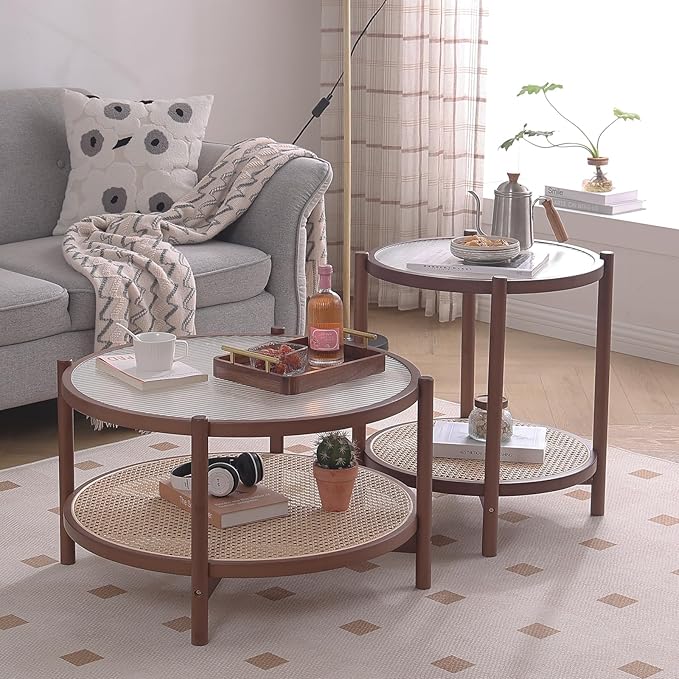 Tiita Rattan Coffee Table, Large Round End Table, 27.6 Inch Modern Side Table, Living Room Side Table, Glass Sofa End Table for Balcony and Office Outdoor/Indoor (Walnut)
