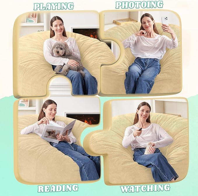 HABUTWAY 5FT Bean Bag Chair,Giant Bean Bag Chairs for Adults,Big Bean Bags with Memory Foam Filled, Large Beanbag Chairs with Soft Corduroy Cover-Khaki