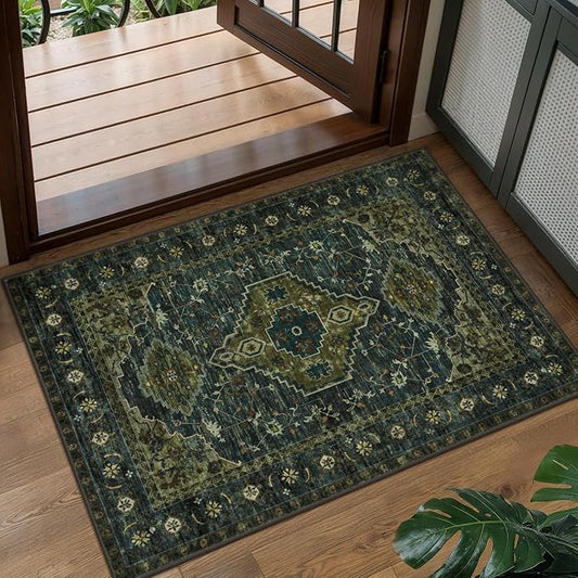 Tangsoo Washable Entryway Rugs Vintage Olive Green Rug 2x3 Non Slip Small Area Rug, Front Door Boho Rugs, Print Distressed Door Mat Indoor Entrance Soft Low Pile Throw Rug for Entry Kitchen Bedroom