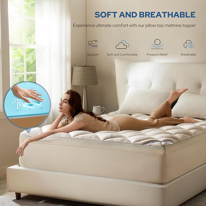 Bedlore 4-Inch California King Mattress Topper for Back Pain - Dual Layer Medium Support (2" Gel Memory Foam + 2" Cooling Fluffy Pillow Top Pad), Breathable & Pressure Relief (Beige)