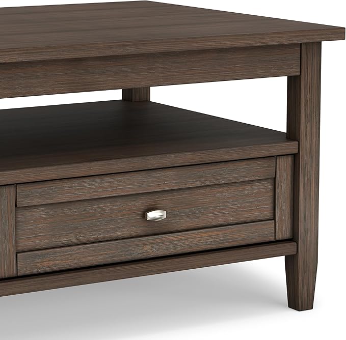 SIMPLIHOME Warm Shaker Coffee Table - 48 inch Wide Solid Wood Cocktail Table in Farmhouse Brown, Transitional Living Room Table with 2 Storage Drawers and Open Shelf for Sitting Area or Lounge