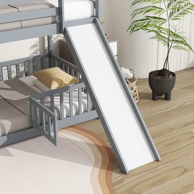 Ball & Cast Bunk Bed Twin Over Twin with Storage Staircase & Slide,Pine Solid Wood Bunk Bed Frame with Safety Guardrails,Floor Bunk Beds for Kids,Teens,No Box Spring Needed,Grey