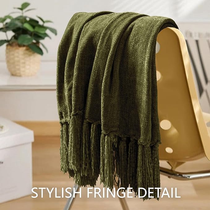Chenille Throw Blanket for Couch 50"X 60", Soft Cozy Throws with Fringe Tassel for Bed Sofa Chair Cover, Lightweight Knitted Decorative Boho Blankets for Living Room, Olive Green