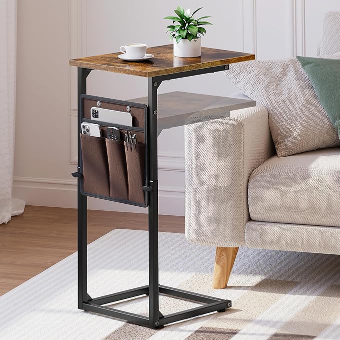 Vagusicc C Shaped End Table, 33"Tall Side Table for Couch, Adjustable Height Sofa Table Small Couch Side Tables, Slide Under Recliner TV Tray Arm Tables with Metal Frame for Living Room,Bedroom,Brown