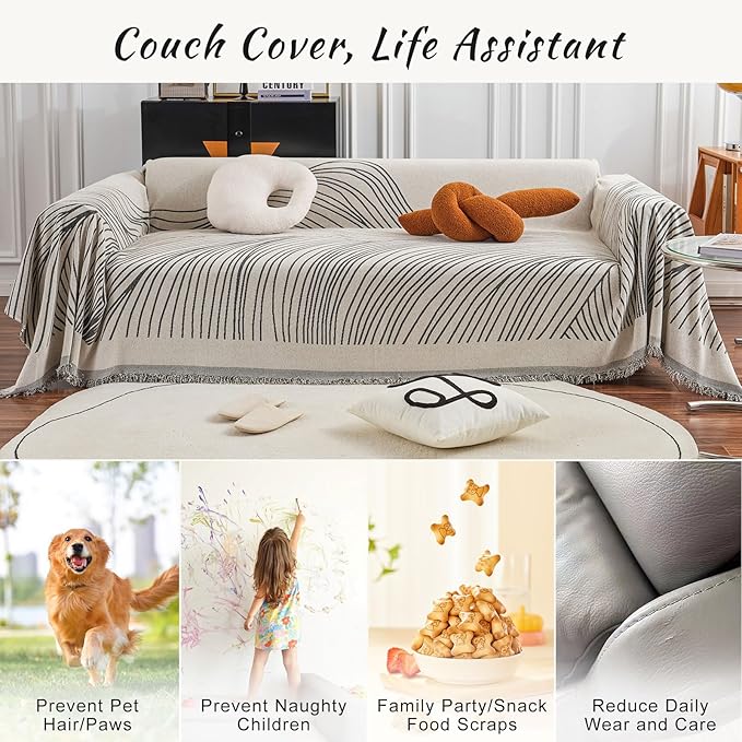 STACYPIK Stylish Striped Sofa Cover for Dogs, Non-Slip Boho Couch Cover for Sectional, Pet-Friendly Furniture Covers for 2 Cushion Couch, Abstract Jacquard Loveaseat Cover Sofa Throw Blanket-71x118IN