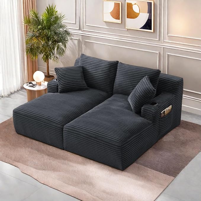 Oversized Sectional Double Chaise Lounge, Compressed Boneless Lounge Chaise with Cupholders, Boneless Sofa with Deep Seat, Fluffy Modern Sleeper Loveseat for Indoor Living Room, Dark Grey