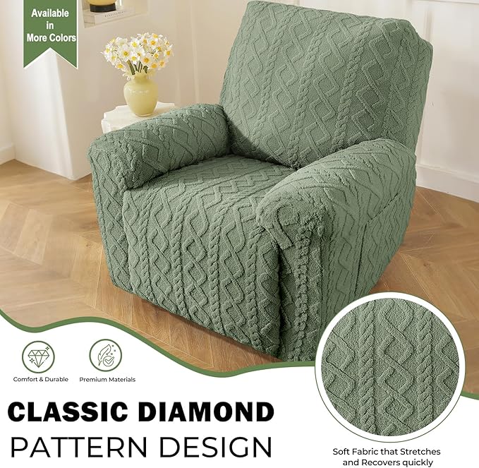 vctops Christmas Green 4 Pieces Geometric Jacquard Plush Recliner Slipcovers Soft Fuzzy Fluffy Sofa Couch Cover Anti-Slip Furniture Protector with Elastic Bottom for Kids Cats Dogs(Green,1 Seat)