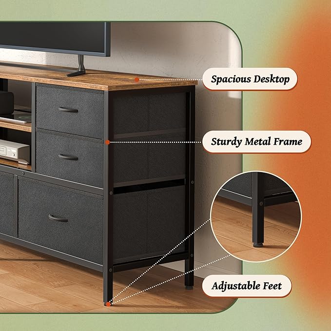 Huuger TV Stand Dresser with Power Outlets and LED Lights, 7 Drawers Entertainment Center for 60 Inch TV, TV Console with Open Shelf, 55 Inches Wide Fabric Dresser, PU Leather, Rustic Brown and Black
