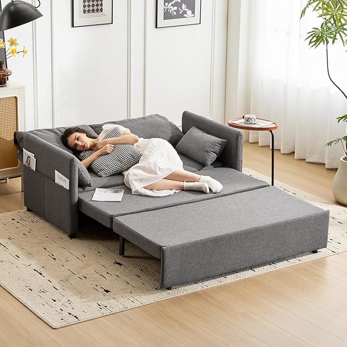 Furnimart 62" Queen Size Pull Out Sofa Bed, 3 in 1 Convertible Sleeper Bed with 6-Position Adjustable Backrest & Side Pockets, Modern Linen Loveseat Futon Couch for Living Room, Apartment, Dark Grey