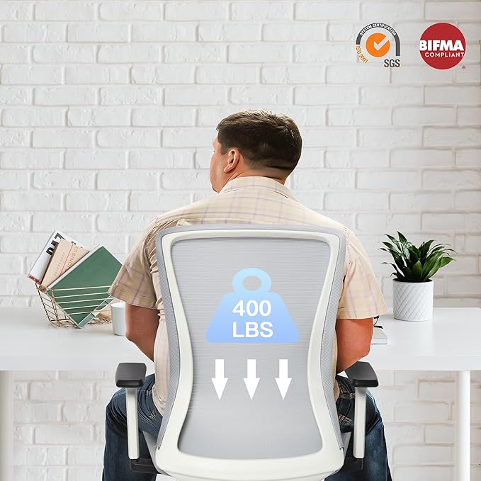 Office Chair, Mesh Desk Chair Executive Computer Chair, 400lbs Big and Tall Office Chair for Heavy People, Home Office Desk Chair with Lumbar Support ＆Adjustable Height, White