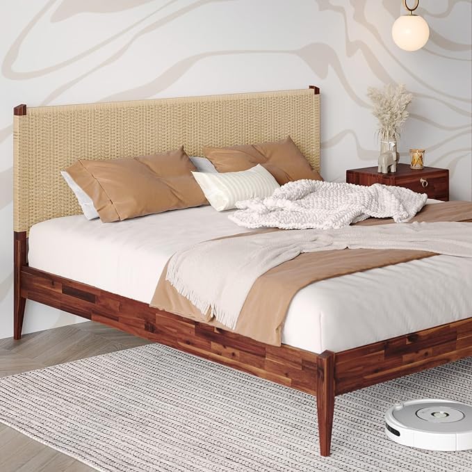Bme Selina King Bed Frame and Headboard - Handcrafted Paper Cord Headboard, 12-Slat Support, No Box Spring Needed - Easy Assembly, Dark Chocolate