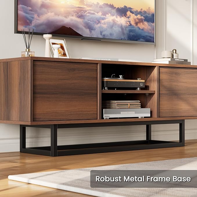 HAIOOU TV Stand for 50 55 Inch TV, Modern TV Console Small Entertainment Center with Sturdy Metal Base, Push-to-Open Doors and Soft-Close Hinges for Living Room, Bedroom - Walnut Brown