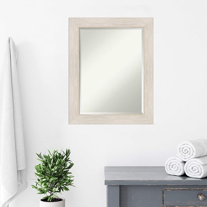 Amanti Art White Bathroom Mirror for Over Sink, 29x23 Hardwood White Wash Rectangle Vanity Mirror, Medium Rustic Farmhouse Wood Frame, Hangs Horizonally and Vertically, Bathroom Wall Decor, Beveled