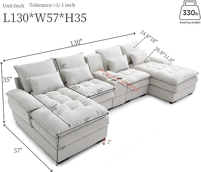 KEIKI 130" U-Shaped 6 seat Sofa with Storage Console, Cup Holders, Upholstered Sectional Sofa, Button Tufted Cloud Cushion Couch for Home, Office, Apartment, Beige