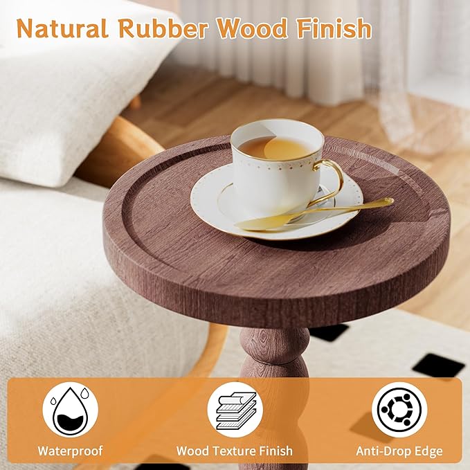 Solid Wood Drink Table, Rubber Wood‌ Small Round Side Table for Small Spaces, Martini Tables, Pedestal End Tables for Living Room, Bedroom, Corners and Office (Purple, 9.4 inch)