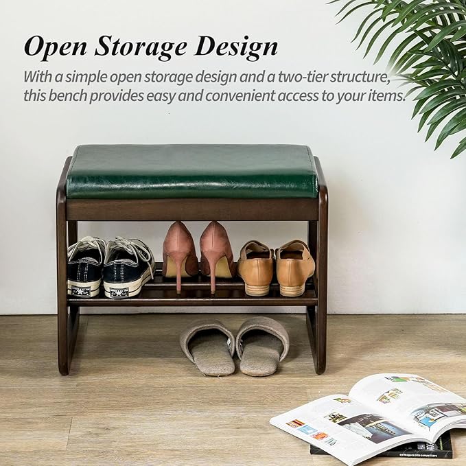 Shoe Bench, Entryway Bench with Leather Cushion, Solid Wood Shoe Rack, Mid Century Modern Bench, Shoe Storage, Shoe Organizer for Entryway (Green, 21.7" W)