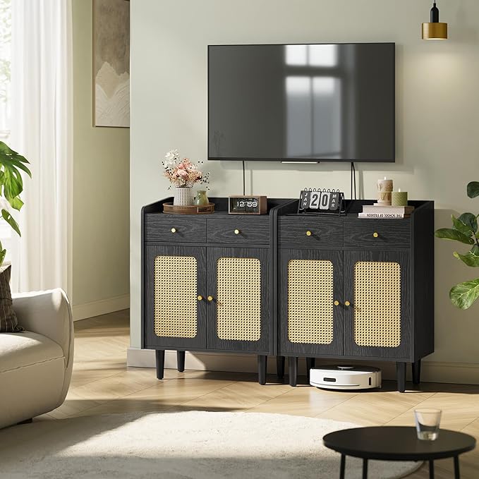 VASAGLE BOHOVEN Collection - Buffet Cabinets, Set of 2, Sideboard Storage Cabinets with Rattan-Like Doors and Drawers, Accent Cabinets, Adjustable Shelf, Boho Style, for Living Room, Ebony Black