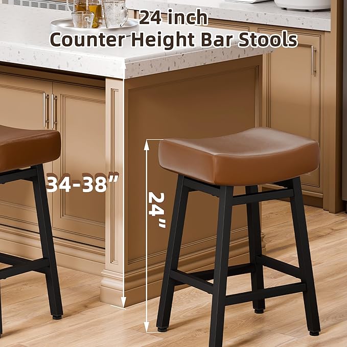 Counter Height Bar Stools Set of 2, 24 Inch Backless BarStools for Kitchen Island Leather Saddle Bar Chairs Kitchen Stools with 4" Thick Seats & Heavy Duty Metal Base, Brown