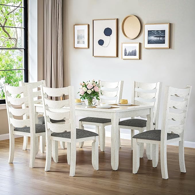Solid Wood Dining Chair Set of 6, Kitchen Dining Room Chair with Upholstered Cushion & Wooden Legs, Modern Wood Side Chairs for for Kitchen, Washed Gray
