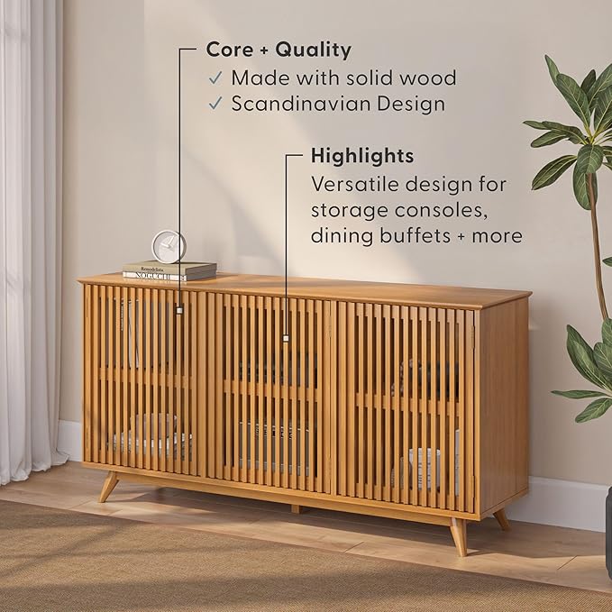 Plank+Beam Mid-Century Modern Wood TV Stand, Three Door Solid Wood Entertainment Console with Storage, 59" L x 16" W x 30" H, Pecan