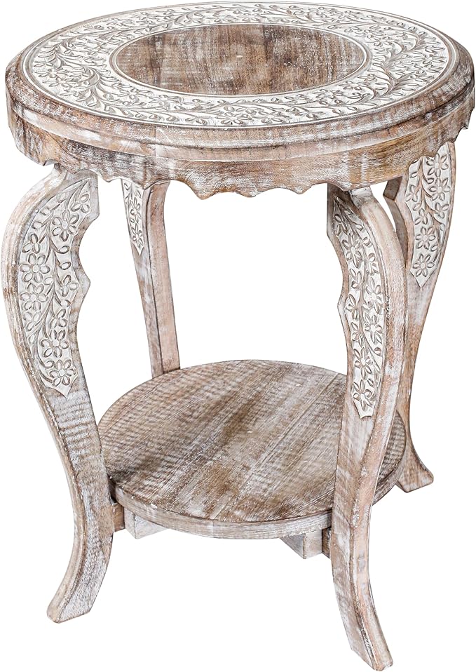 The Wooden Town Farmhouse Round Accent End Table,Rustic Side Table Nightstands for Living Room Bedroom,Coffee Tables,Wood Tray Top,Handcrafted Finish, 18"x22" - White Wash