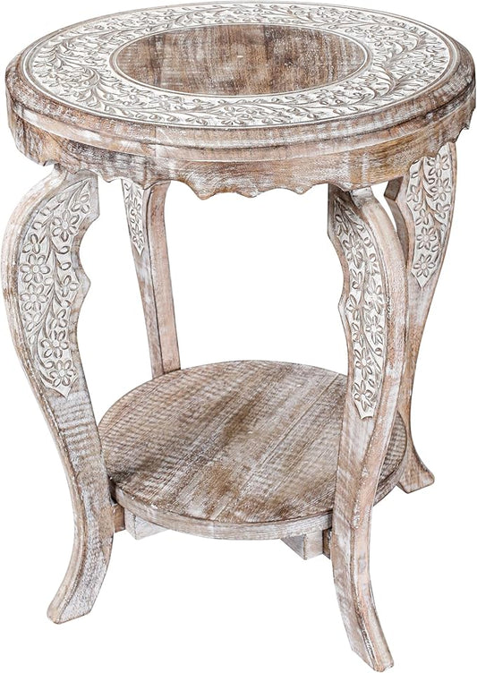 The Wooden Town Farmhouse Round Accent End Table,Rustic Side Table Nightstands for Living Room Bedroom,Coffee Tables,Wood Tray Top,Handcrafted Finish, 18"x22" - White Wash