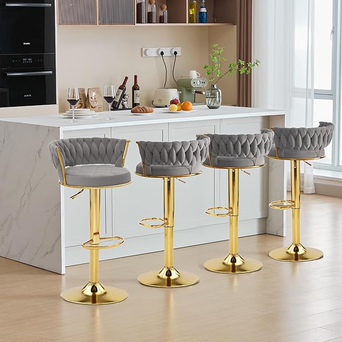 VECELO Bar Stools Set of 2, Adjustable Barstools Counter Height Stools with Back and Arm, Velvet Woven Kitchen Island Stools w/Gold Metal Leg & Base, 360° Swivel Bar Chair, Light Grey