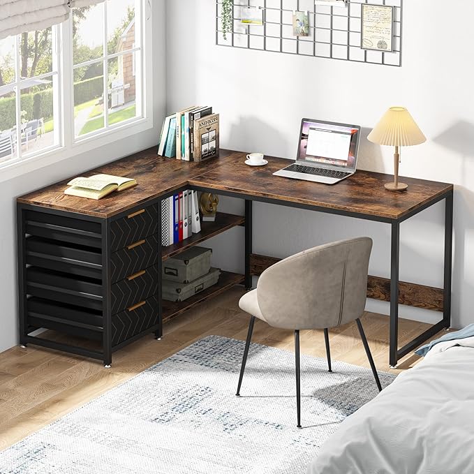 LITTLE TREE 59-Inch L Shaped Desk with Drawers, Large Computer Desk with Storage Shelves, Reversible L-Shaped Corner Desk Workstation for Home Office