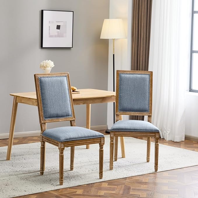 Merax Upholstered Solid Wood Dining Chairs Set of 2, French Country Style Accent Side Seating Furniture for Kitchen, Living Room, Cushioned Back, Slate Blue