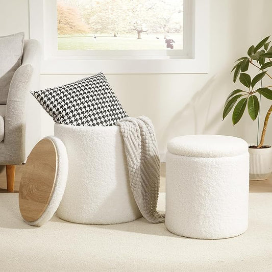 Boucle Round Ottoman with Storage Set of 2,Small Foot Stool Ottoman for Living Room, Small Coffee Table,Vanity Stool with Storage for Bedroom, White