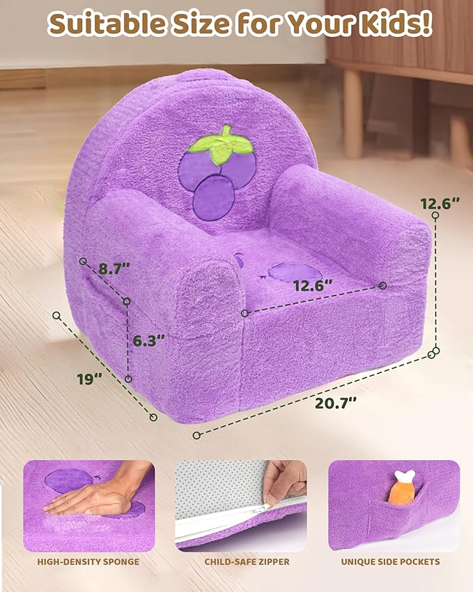 Toddler Chair, Comfy Foam Kids Couch with Soft Velvet Cover, Toddler Couch with Cute Grape Design for Gaming and Studying, Kids Sofa for Boys and Girls