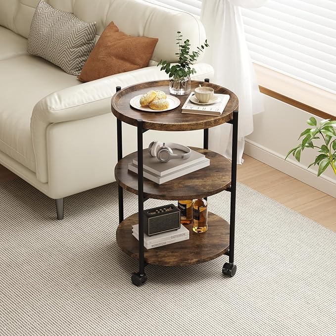 Side Tables Living Room, 3-Tier Modern End Table with Wheels, Small Side Table Nightstand Bedside Table for Living Room, Bedroom, or Small Spaces-Rust Brown