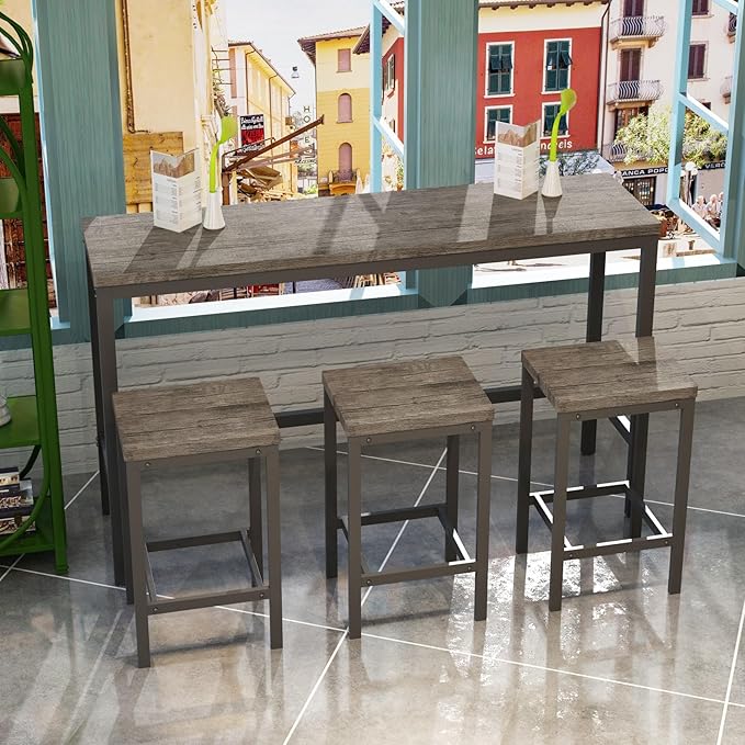 KEIKI 60.24” Long Bar High Top Dining Table and 3 Stools Chairs Set, Wood Behind Couch Sofa Counter Height Pub Furniture for Breakfast, Kitchen Living Party Room, Brown Grey